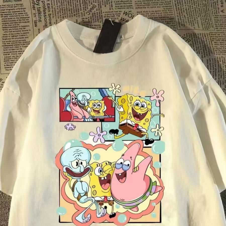 เสื้อยืดแขนสั้นสไตล์ฮ่องกง พิมพ์ SpongeBob SquarePants สำหรับทั้งผู้ชายและผู้หญิง ทรงหลวมรอบคอมีสไตล์ ราคา ถูกที่สุด ดีลบีเคเค แกลเลอรีภาพที่ 8