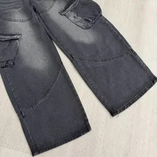 jinjeans #5699 (XS-6XL) กางเกงยีนส์คาร์โก้ ทรงช่างสีดำฟอก Barrel Baggy Jeans พร้อมส่งจากไทย