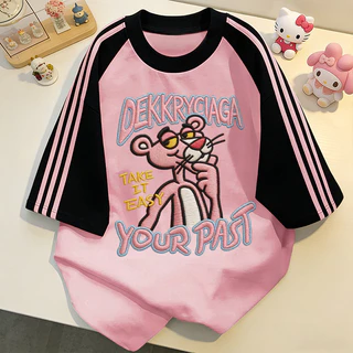 【จัดส่งตลอด 24 ชั่วโมง】NFV สไตล์เกาหลี💖เสื้อยืดเปล่า เสื้อยืดทรงหลวม Pink Panther ดีไซน์คลาสสิค ระบายอากาศ YG4497