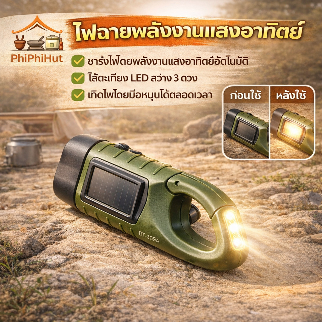 PPH ไฟฉายพลังงานแสงอาทิตย์ ผลิตไฟฟ้าโดยมือแกว่งไฟฉายแบบชาร์จไฟได้กลางแจ้ง