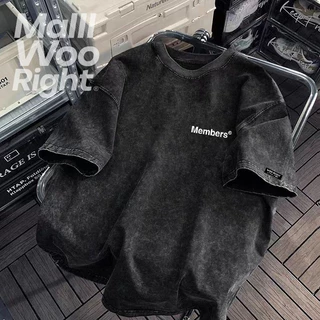 （จัดส่งตลอด 24 ชั่วโมง）Woo Right เสื้อยืดฟอก oversize ผ้าฝ้าย 100% โอเวอร์ไซซ์ สีดําเข้ม สไตล์ฮิปฮอป เรโทร HY