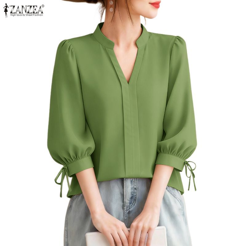 ZANZEA ซานเซีย ผู้หญิงแฟชั่นเกาหลีลําลองคอวีแขนสามส่วนจีบทรงหลวมเสื้อเบลาส์เรียบง่าย — صورة 4
