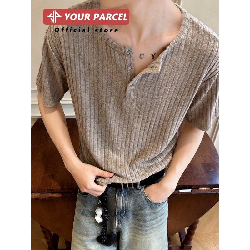 Old Money Henry Collar เสื้อยืดแขนสั้นผู้ชาย ทรงหลวม สไตล์ฤดูร้อน
