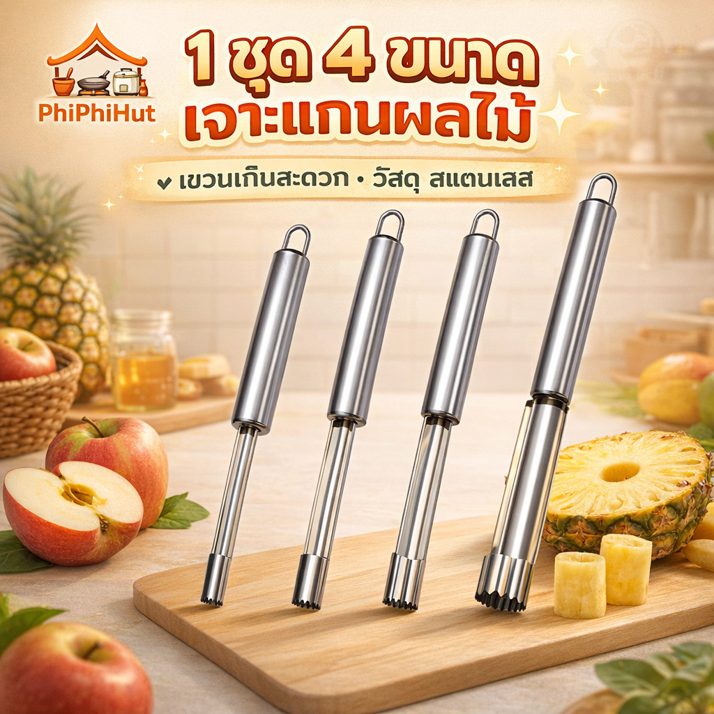 PPH เครื่องกําจัดเมล็ดผลไม้ 1ชุด4ขนาดเครื่องมือคว้านเมล็ดผลไม้แบบมืออาชีพ  เครื่องเอาหัวใจผลไม้