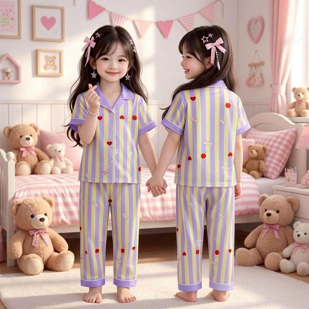 ชุดนอนเด็กแขนสั้นขายาว คอปก กระดุมหน้า สีสันสดใส ผ้าคอตตอนผสม