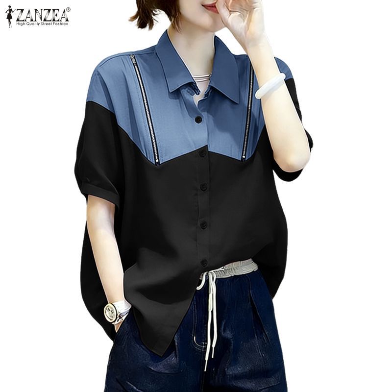 ZANZEA เสื้อผ้าสไตล์เกาหลีสำหรับผู้หญิง แจ็กเกตดีนิมแบบเรียบๆ มีกระดุมและซิปรูปแบบตัดต่อสี — صورة 4