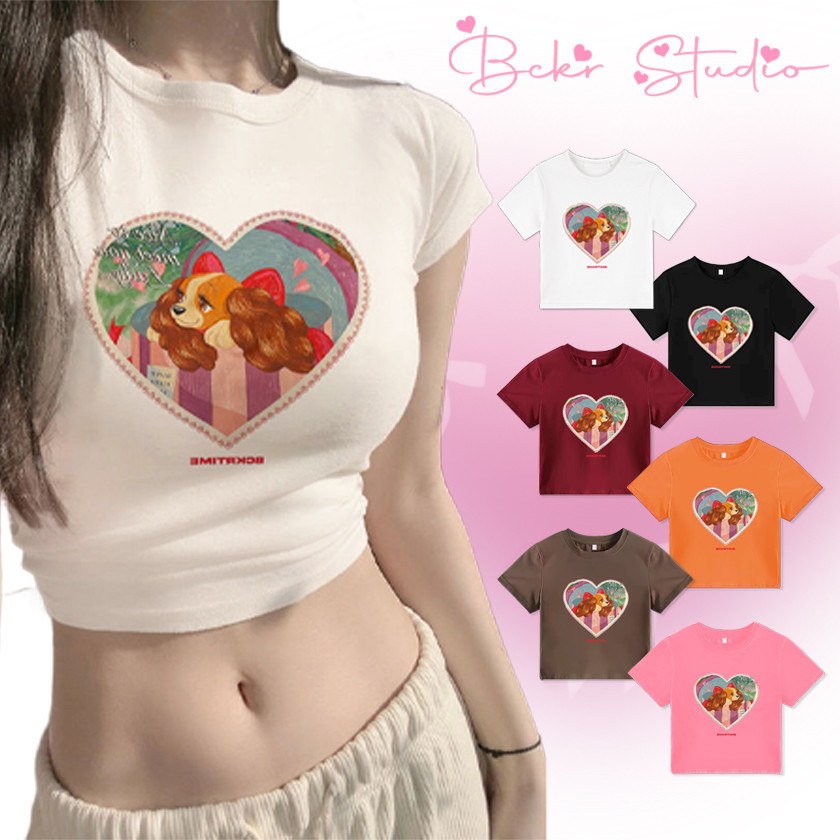 【จัดส่งตลอด 24 ชั่วโมง】 BCKR ลายน้องหมา สั้น เข้ารูป เสื้อผญ เสื้อ ชุดหน้าร้อน สาวแซ่บ เสื้YG2103