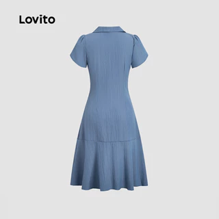 Lovito เดรสสวยหรู ระบายกระดุม สีฟ้า สำหรับฤดูใบไม้ผลิและฤดูร้อน สำหรับผู้หญิง LK3ED102