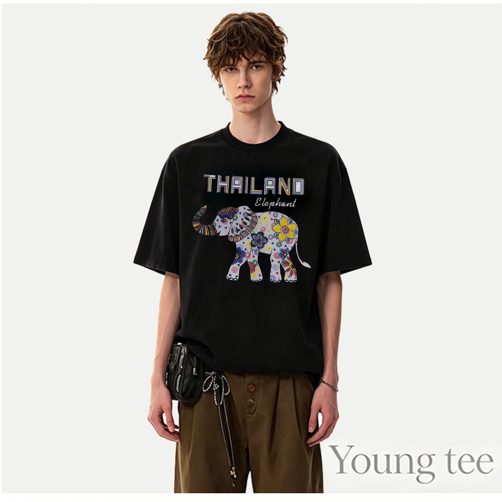 YOUNG T🔥🔥M~3XL เสื้อยืดพิมพ์ลายช้างดอกไม้สี Thailand คอกลม แขนสั้น ผู้ชายผู้หญิงใส่ได้ สไตล์ท่องเที่