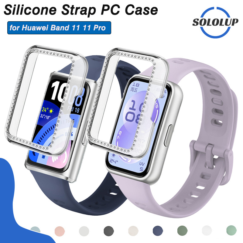 【สาย+เคส】กรณีรูเพชร สายซิลิโคน for Smartwatch Huawei Band 11/ 11 Pro ปกป้องกันหน้าจอ PC แข็ง สายรัดข้อมือเปลี่ยน