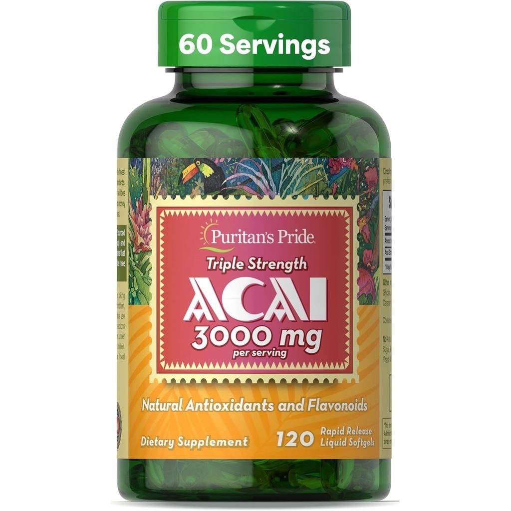 Puritans Pride Triple Strength Acai 150 MG (เทียบเท่า 3000 มก.) พร้อมสารต้านอนุมูลอิสระและฟลาโวนอยด์, ซัพพลาย 2 เดือน, ซอฟท์เจลเหลวออกเร็ว 120 ซอฟท์เจล