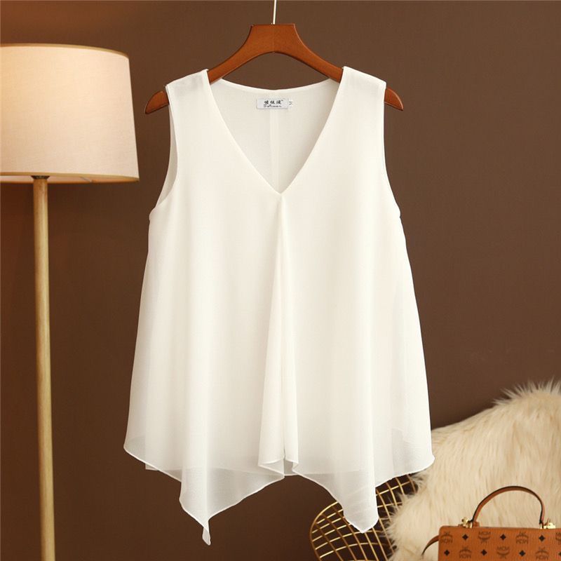 เสื้อชีฟองสตรี คอวีแขนกุด สำหรับฤดูร้อน ทรงหลวมพอดีตัว