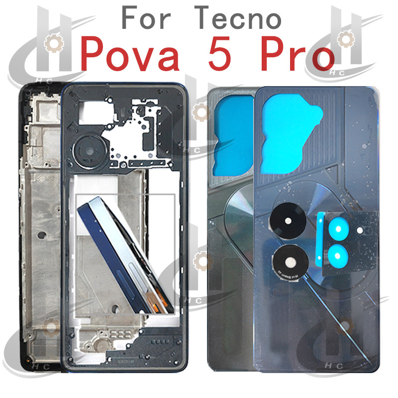 สําหรับ Tecno Pova 5 Pro LH8N แบตเตอรี่ฝาหลังกรอบกลาง + ปุ่ม + กรอบด้านหน้า LCD + เลนส์กรอบกล้อง