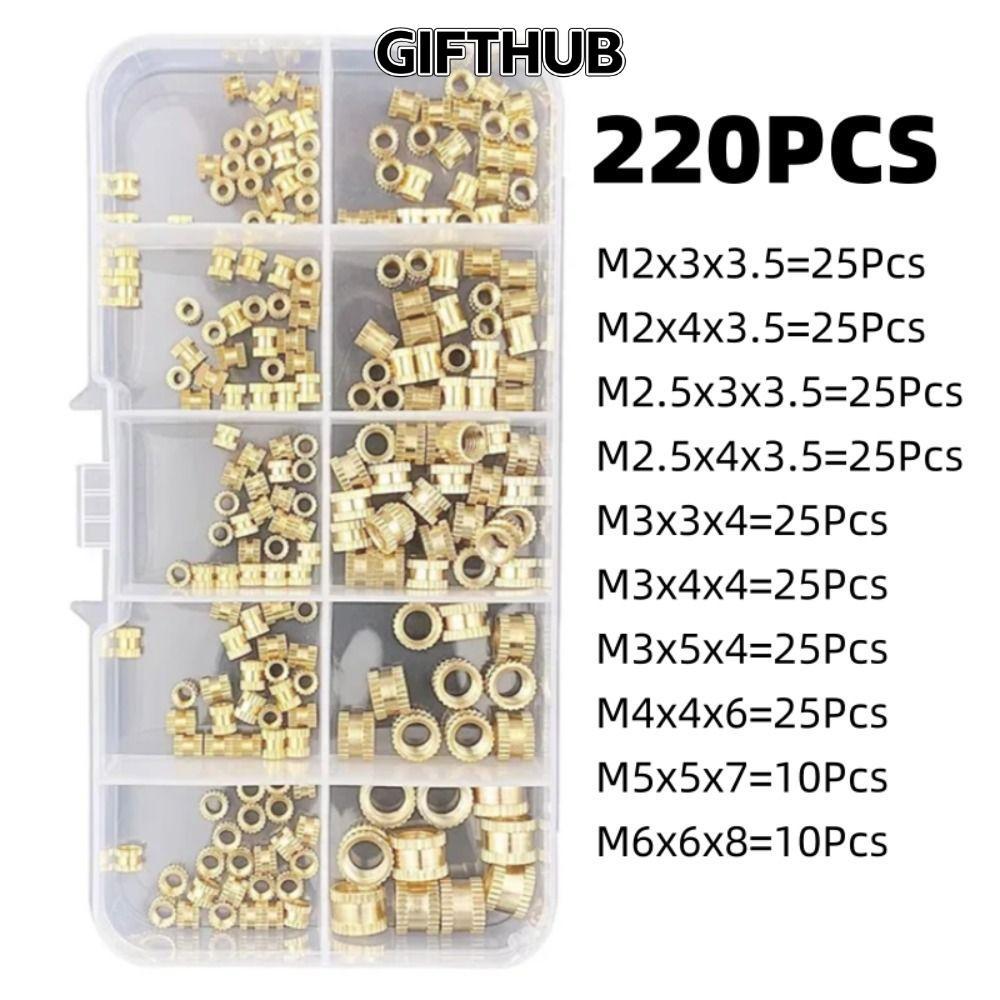 GIFTHUB 220 ชิ้นเม็ดเกลียว Knurled CNC|M2 M2.5 M3 M4 M5 M6 ทองเหลืองความร้อนชุดใส่ถั่ว, คุณภาพสูงทนต่ออุณหภูมิสูง Precision|ทองแดงทองเหลืองแข็ง