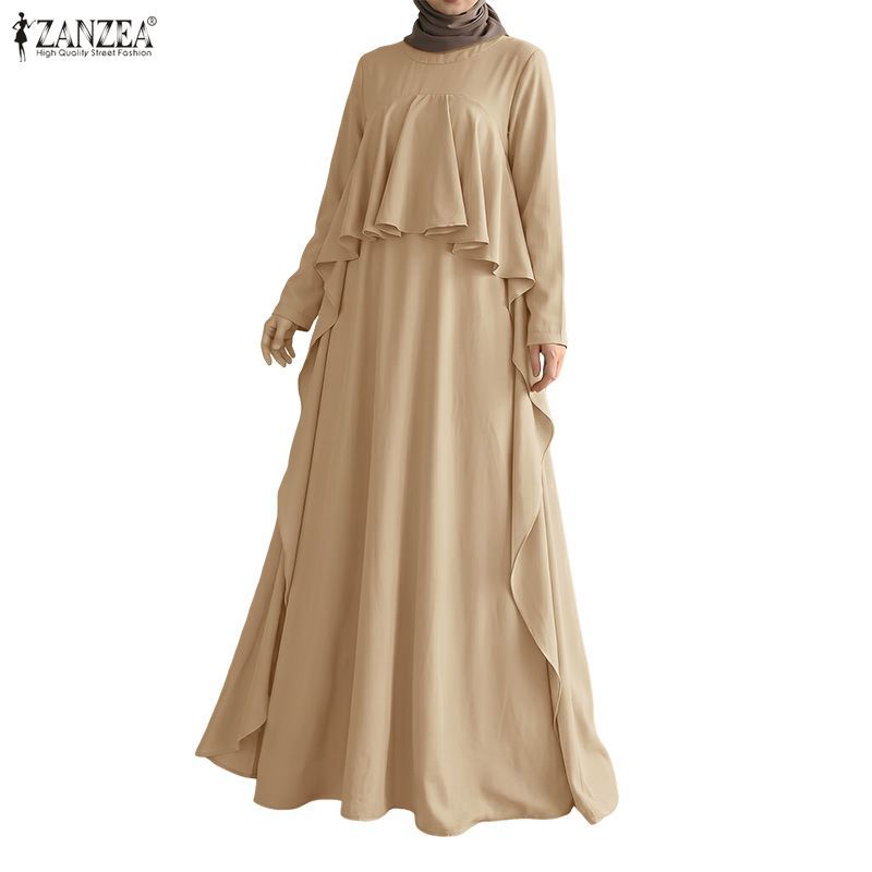 ZANZEA ใส่ ซานเซีย ผู้หญิงมุสลิมวินเทจถนนแฟชั่นแขนยาวนัวเนียชุดยาว