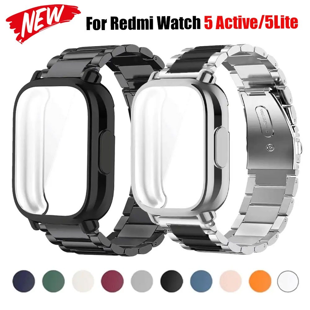 สายโลหะ + TPU นุ่มสําหรับ Redmi Watch 5 Active TPU Soft Case สําหรับ Xiaomi Redmi Watch 5 Lite StainlessSteel Watchband
