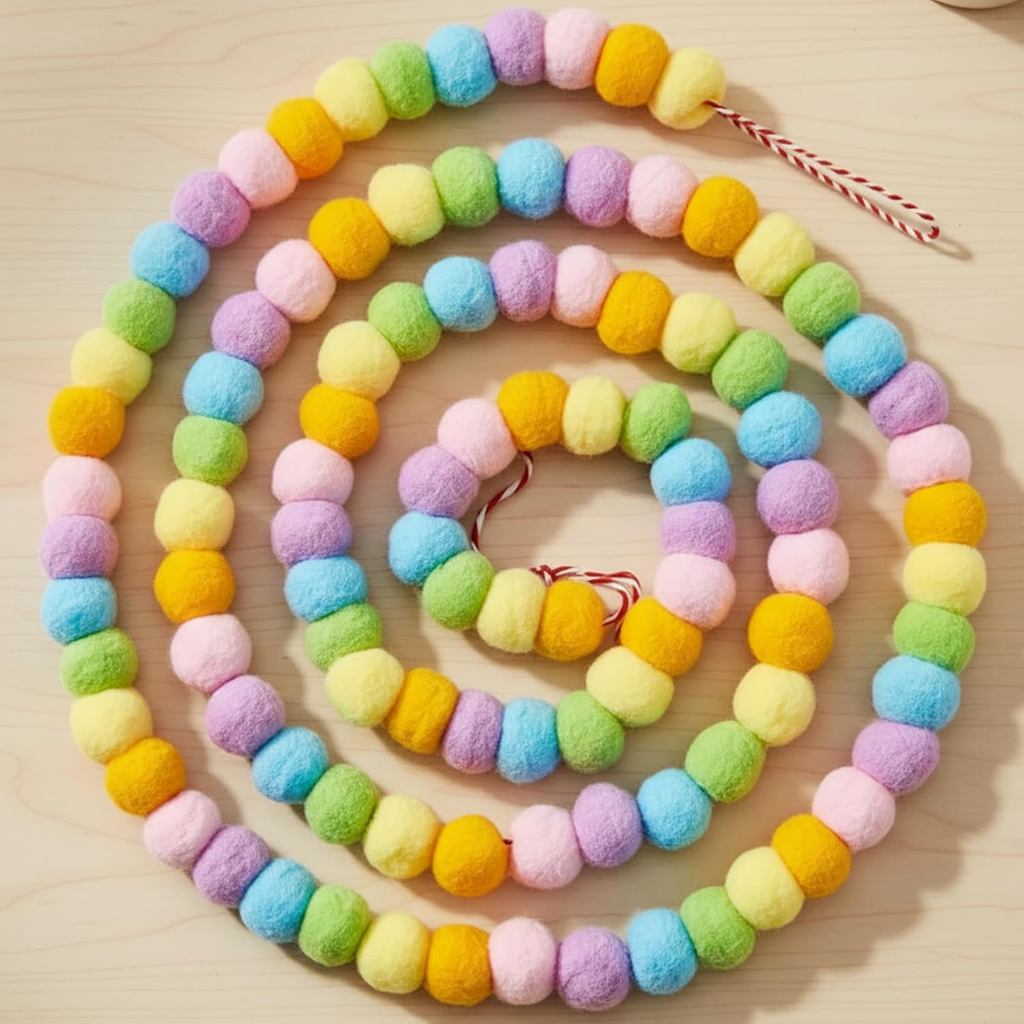 สีพาสเทลคริสต์มาส Felt Ball Garland 9ft 110 ลูก Handmade Christmas Pom Pom Garland สีสัน Xmas แขวนเค
