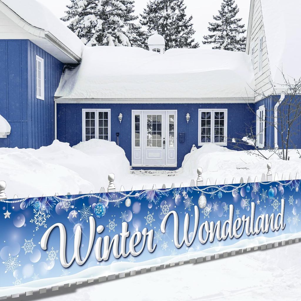 Winter Wonderland Party Decorative Garden Banner, ขนาดใหญ่ 9.8x1.6 FT Winter Wonderland ตกแต่งกลางแจ