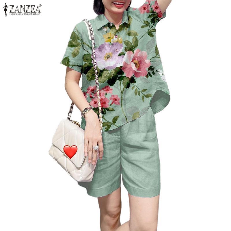 เสื้อเชิ้ตคอปกพิมพ์ลายดอกไม้สวยงามในสไตล์เกาหลีสำหรับผู้หญิง พร้อมชุดสองชิ้น