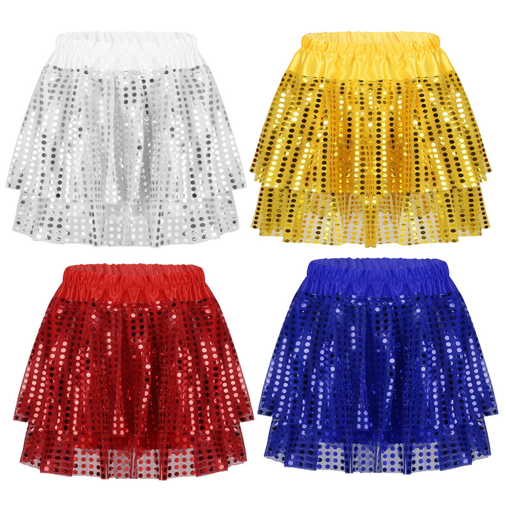 Yeahdor เด็กผู้หญิง Sequined เข็มขัดยืดหยุ่น Tiered Tutu กระโปรงสําหรับละตินแจ๊สเต้นรําการแสดงบนเวที