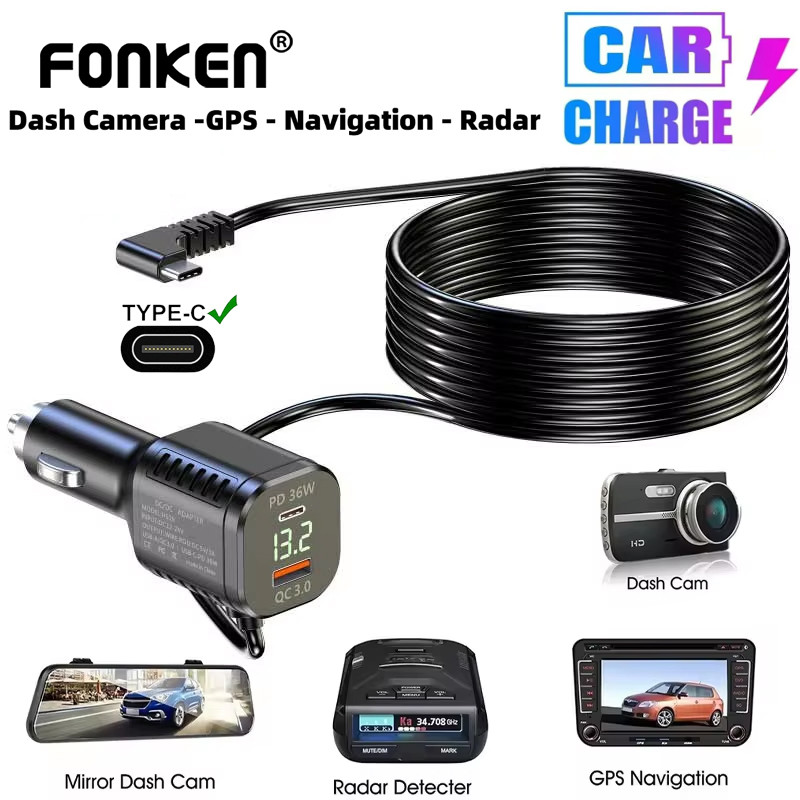 Fonken Type-C Dash Cam ที่ชาร์จแบตในรถรถ DVR สายไฟ QC3.0 เครื่องทําความร้อน Type-C/USB PD Fast Charg