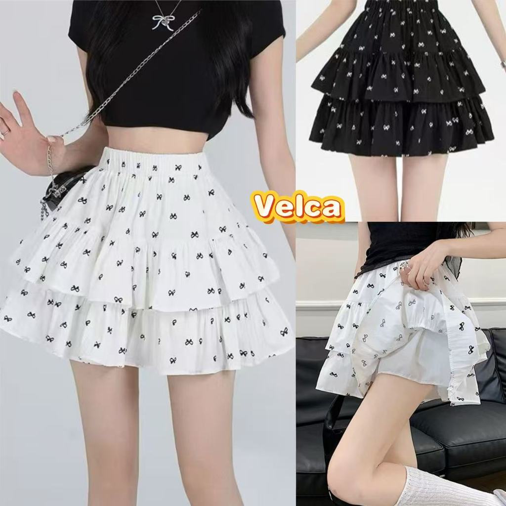 พร้อมส่ง ใส่สบาย มี 2สีให้เลือก กระโปรงสั้นลายผีเสื้อ พิมพ์ลายโบว์ น่ารัก สไตล์เกาหลี ผ้ายืด Velca