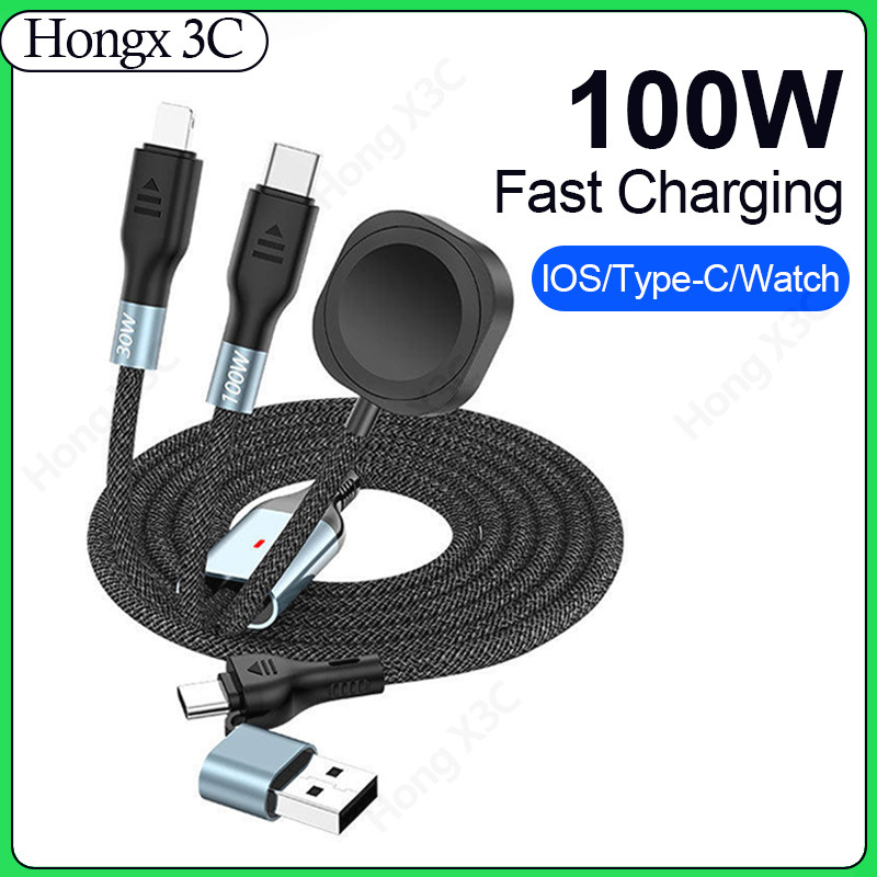 5 in 1 USB Type C Magnetic Watch Wireless Charger Data Cable Quick Charge 100W Super Fast Charging การส่งข้อมูลโทรศัพท์สายไฟสําหรับ IOS/Type C/นาฬิกา
