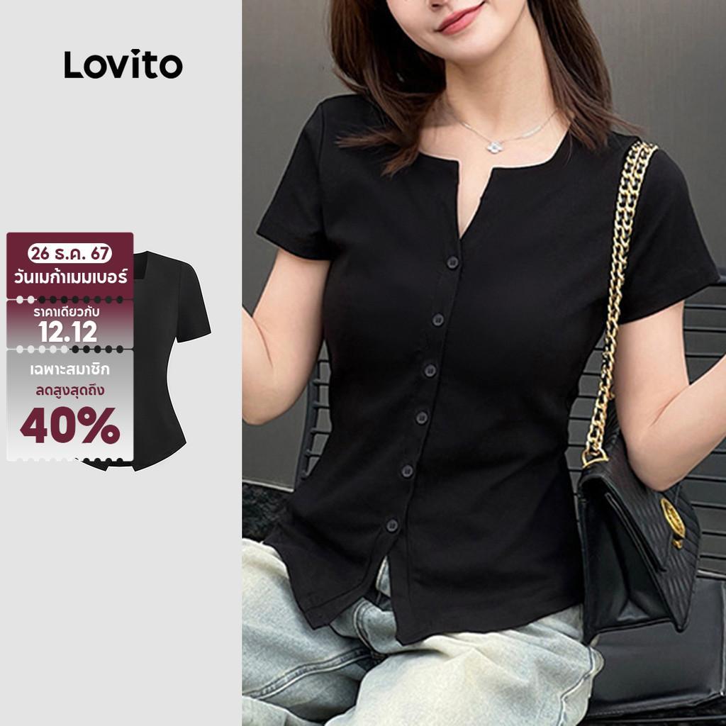 Lovito สบายๆปุ่มธรรมดาแยกด้านหน้าฤดูใบไม้ผลิ/ฤดูร้อนสีดําเสื้อยืดสําหรับผู้หญิง L135A2D216