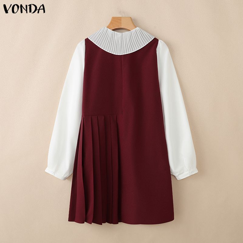 VONDA กระโปรง-mini-A-line สไตล์เกาหลีสำหรับผู้หญิง ปกคอวี พาทเวิร์ค และพลาตเตอรัส — صورة 8