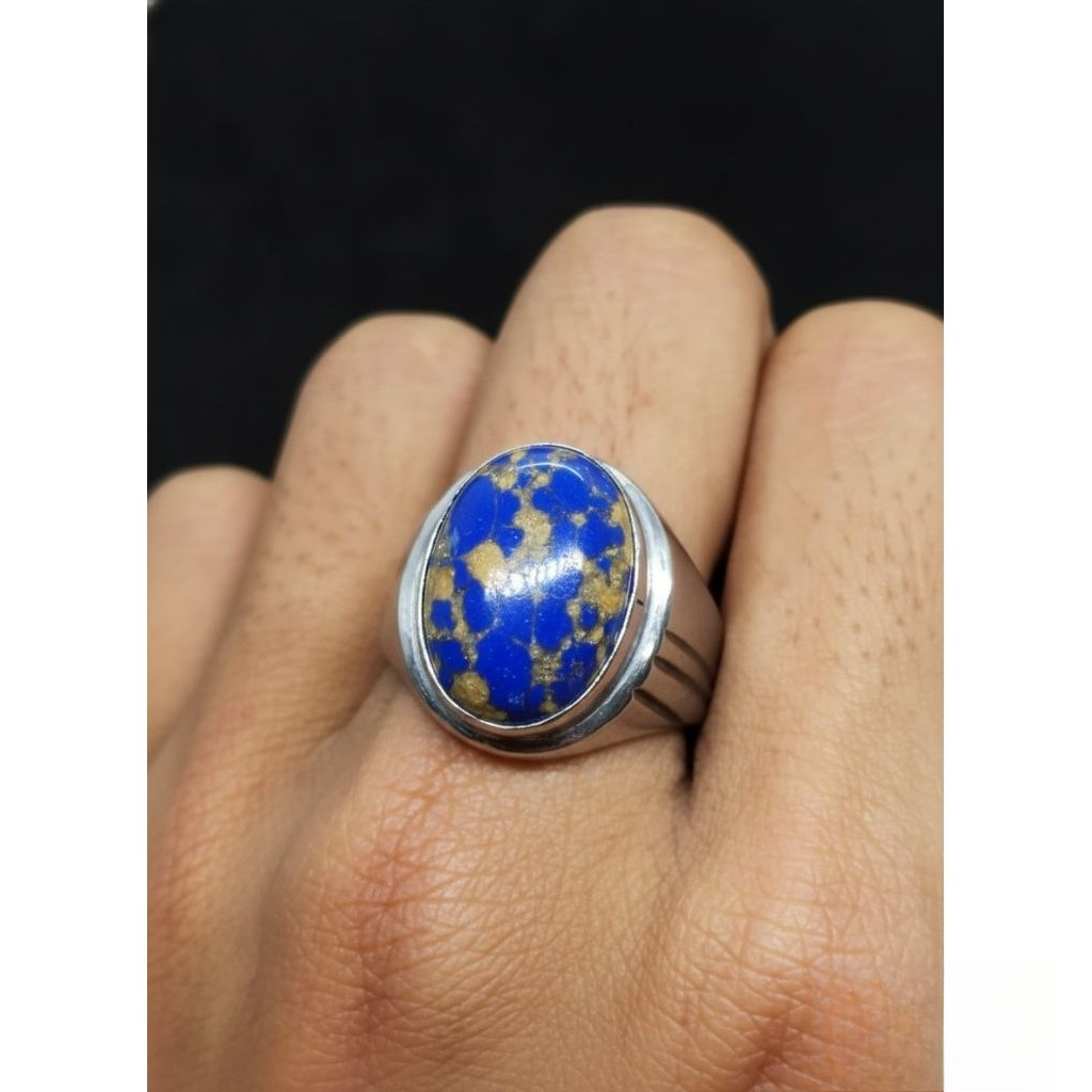 Blue Egyptian turquoise Mizone gold vein monel ring dim 18