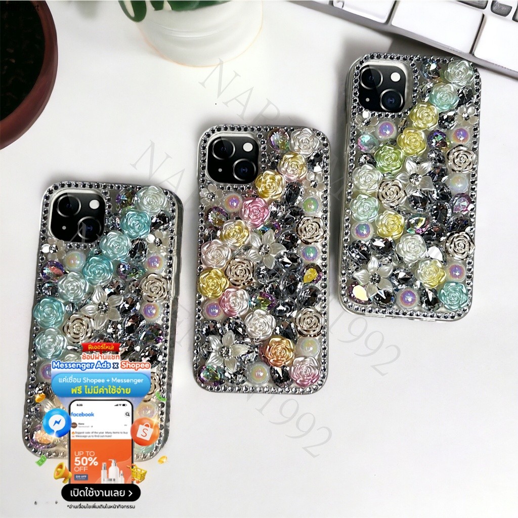 เคสซิลิโคนนิ่ม กุหลาบ ลายการ์ตูน ประดับเพชร พลอยเทียม  สําหรับ iPhone 15 pro Max 14 pro Max 13 pro