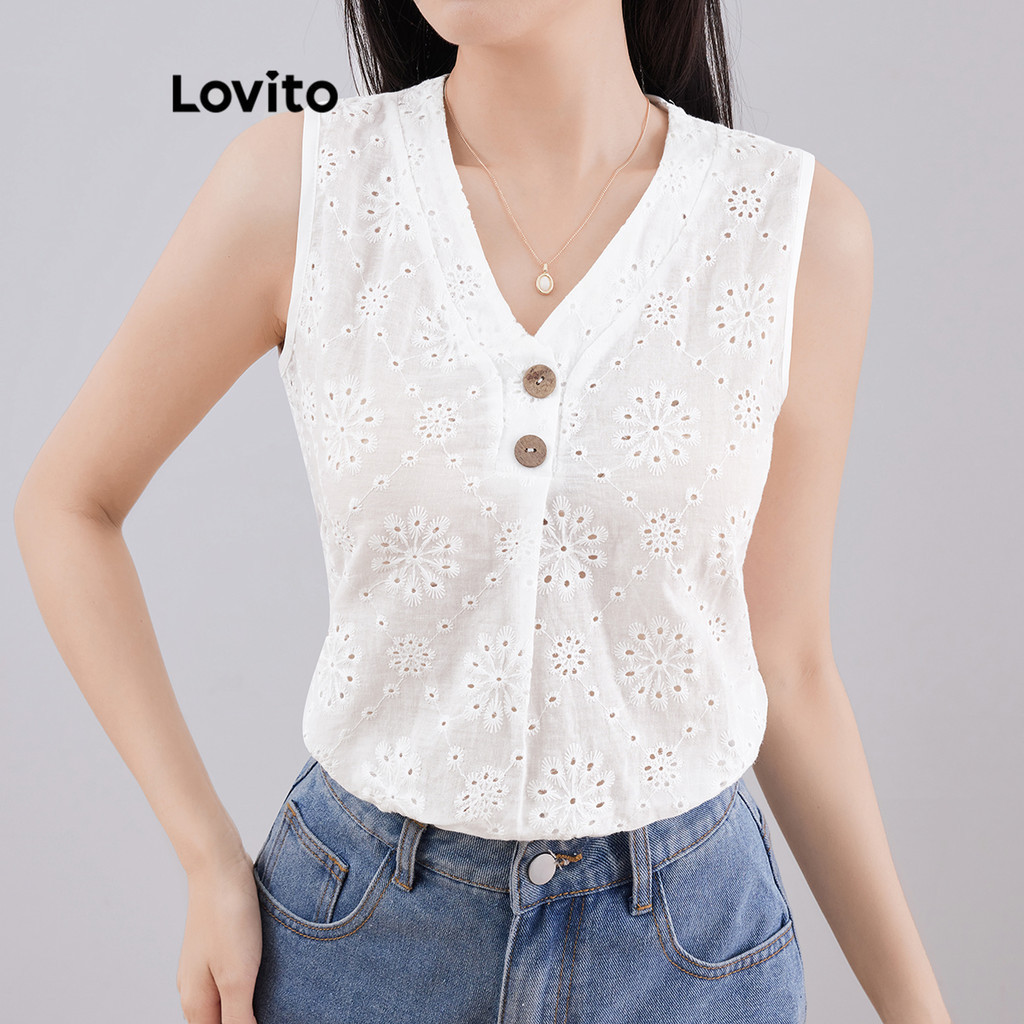 Lovito แคชชวล เสื้อกล้าม สีพื้น ปักลายฉลุ กระดุม สไตล์ สำหรับผู้หญิง L121MD039