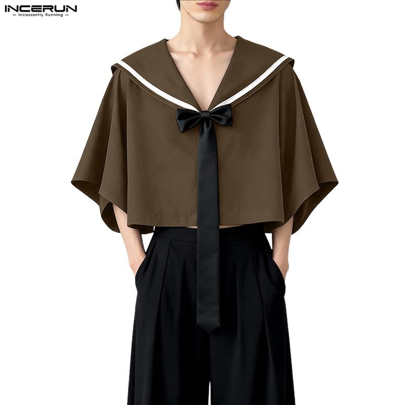 INCERUN เสื้อเชิ้ตแขนสั้นผู้ชาย สไตล์เกาหลี พื้นฐาน สีเรียบๆ กะลาสีคอปก