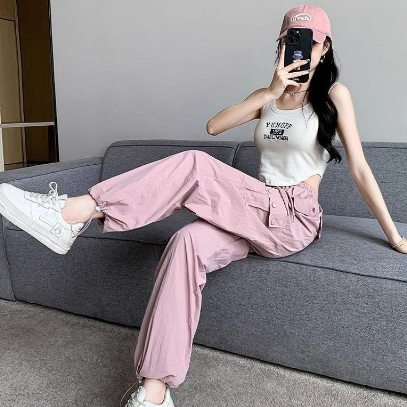 พร้อมกระเป๋าสีชมพูกางเกงผู้หญิงหลวม Drawstring Y2k Streetwear ชุดลําลองชุดทั้งหมดขนาดกลาง Vintage 90