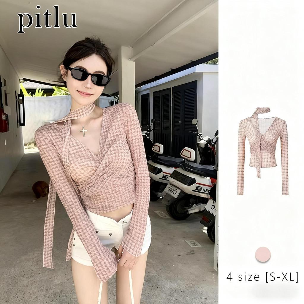 pitlu เสื้อสาวไทส์ยาวลายชิสต์ สีชมพู ขนาดS-XL สายผูกคอ ใส่สวย ผ้าสะอาด