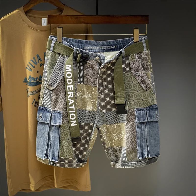 夏季牛仔短裤痞帅印花工装五分潮牌个休闲宽松口袋五分裤中裤1.4Summer Denim Shorts, Handsome Printed Tool, Five-cent Fashion Brand, 