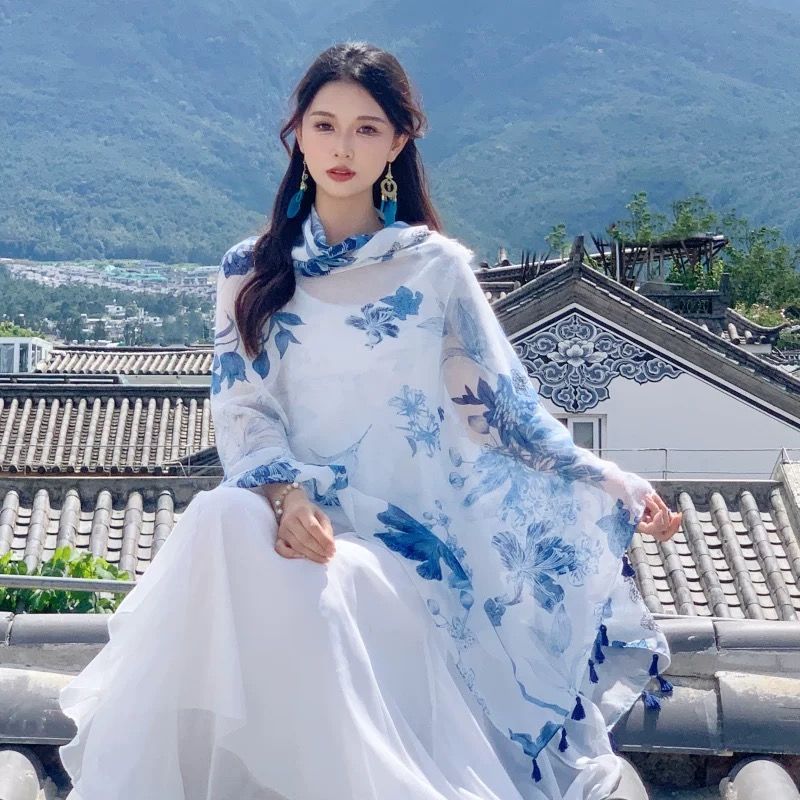 New Product#[Shop Hot Sale]Ethnic Style Blue Series Travel Fresh Natural Scarf for Women with Tassel