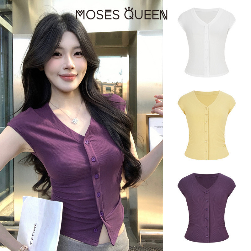 < MOSESQUEEN > เสื้อสเวตเตอร์ถักติดกระดุมแขนสั้น เลดี้ โวลต์ นุ่มสบาย ระบายอากาศดี เหมาะสำหรับสวมใส่ทุกวัน #63442