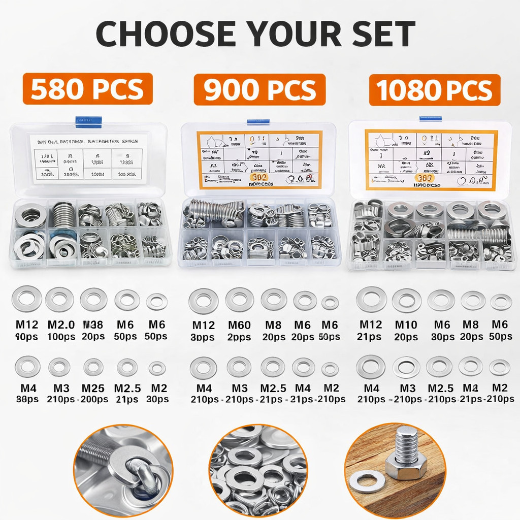 พร้อมส่งชุดแหวนรองสแตนเลส 304 M2-M12 จำนวน 900/1080 ชิ้น ใช้ได้กับสกรู น็อต งานช่าง งานประปา