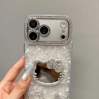 Kawaii Hello Kitty กระจกแต่งหน้าเคสโทรศัพท์สําหรับ iPhone 17 16 15 14 13 12 11 Pro Max Plus Air Shell Texture กันกระแทก