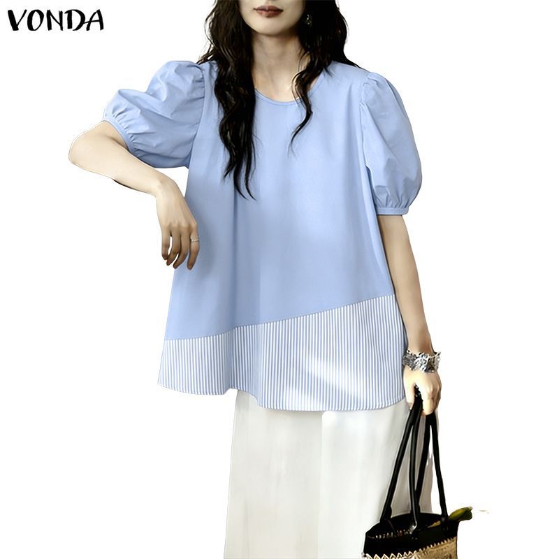 VONDA เสื้อผ้าสไตล์เกาหลี ครึ่งแขนพิมพ์ลายแพทช์worxและสтриปเปิ้ล ดีเทลด้วยขอบคอพับ