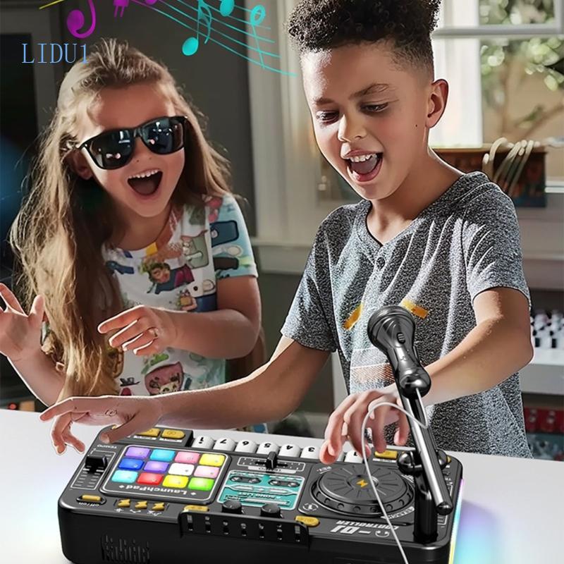 LIDU1 ชาร์จมัลติฟังก์ชั่ DJ เพลงเครื่องสําหรับเด็กสมจริง Mixer Design พร้อมไมโครโฟนคาราโอเกะและ Rhyt