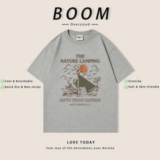 BOOM ฤดูร้อน เสื้อยืดสั้นแขนผ้ายืด สไตล์เรโทร Oversize ลาย THE NATURE CAMPING คุณภาพ ระบายอากาศดี (เงินสดปลายทาง)