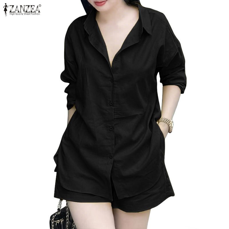 ZANZEA สไตล์เกาหลี ชุดทำงานและลำลอง เสื้อเชิ๊ตและกระโปรงสองท่อน สวมใส่ง่ายด้วยปกพับลง และปุ่มกว้าง