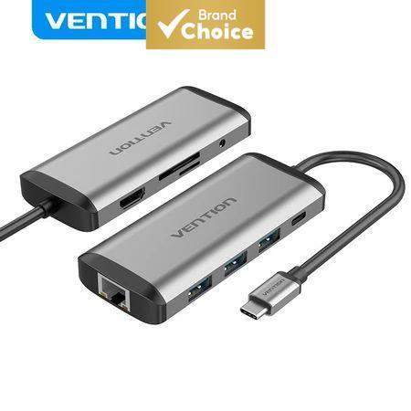 Vention ฮับ USB-C 9-in-1 แปลง Type-C เป็น HDMI พร้อมพอร์ตเสียง, RJ45, USB 3.0, ช่องเสียบ 3.5 มม., รองรับ SD/TF และ PD 100W, รองรับ 4K 60Hz