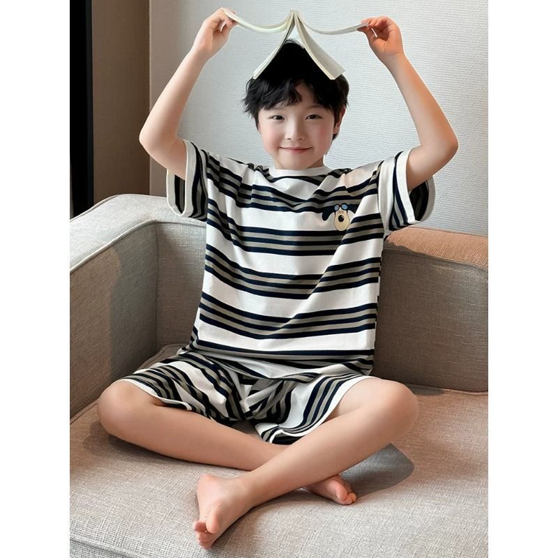 ชุดนอนเด็ก ลายทาง เสื้อแขนสั้น+กางเกงขาสั้น ผ้าเย็นลื่น ใส่สบาย ระบายอากาศดี ชุดอยู่บ้านหน้าร้อน