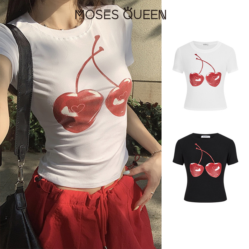 < MOSESQUEEN > เสื้อสกรีนลายเชอร์รี่สไตล์หวานแขนสั้น - เสื้อตัวเต็มตัวพื้นฐานสำหรับเด็กผู้หญิงอเมริกัน #63600