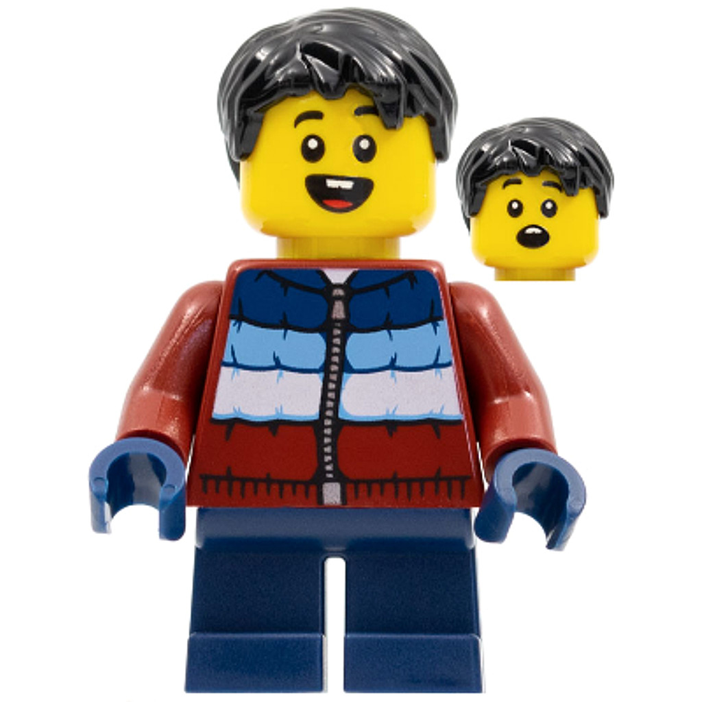 Brick2cube Minifigure - Child - Boy, Dark Red Puffy Coat, Dark Blue Short Legs, Black Hair - hol278