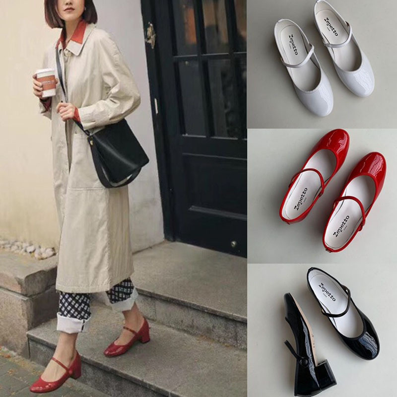MKHQ Repetto＆ Chunky-heeled Mary Jane shoes, round toe, mid-heel, shallow cut, patent leather, red w