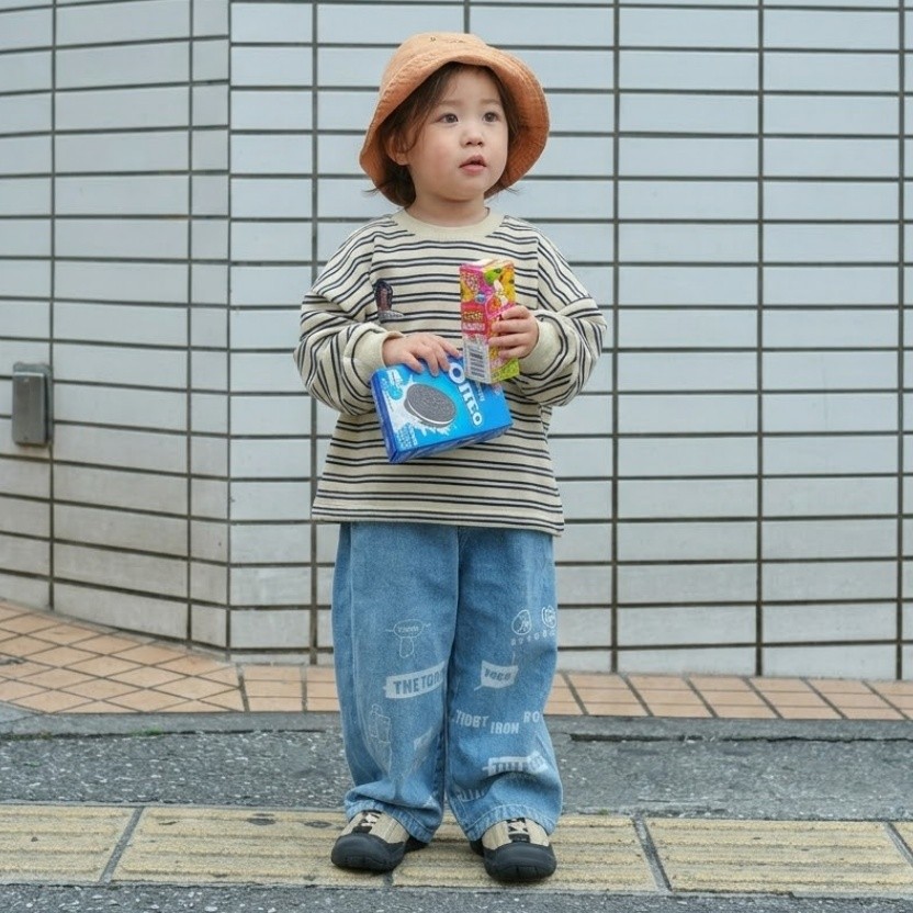 Theioioio เสื้อสเวตเตอร์เด็ก ลายทางคลาสสิก งานปัก "Space Cat" ผ้าคอตตอน 100% นุ่มใส่สบาย สีเบจแถบดำ 
